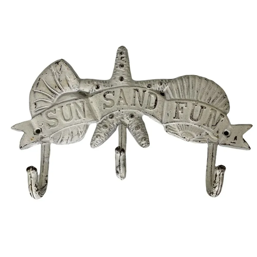 Beachy Cast‎ Iron Key Hook Sun Sand Fun Beach Shell Starfish Chippy Nautical